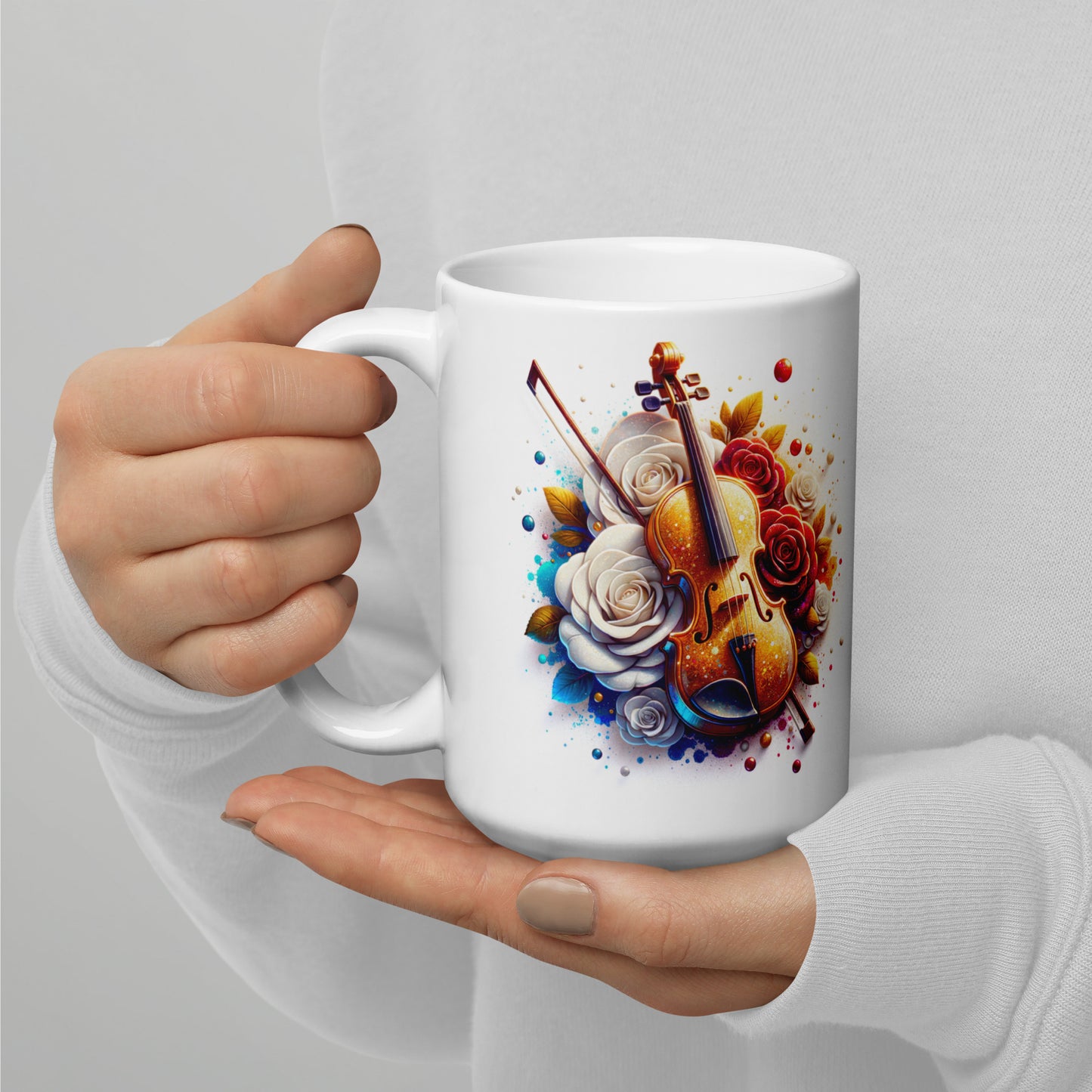 Violin White & Red Rose | White glossy mug
