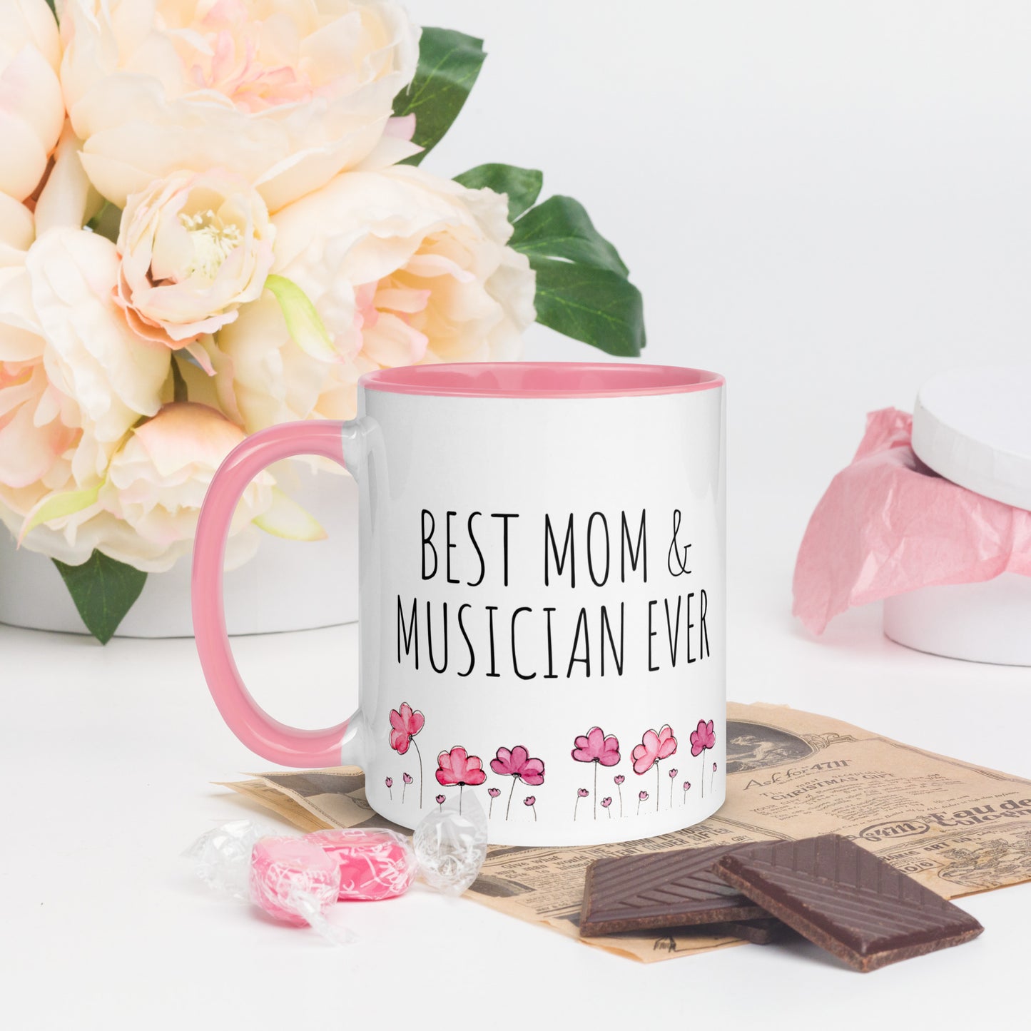 Best Mom and Musician Ever Mug | Love You XOXO | Pink or Black Color Inside | Pink Flowers